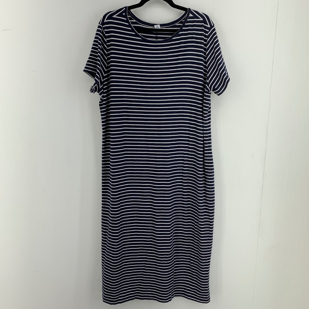 Old Navy Womens 2XL Maxi Dress Blue White Stripes Side Slits Stretch Coastal